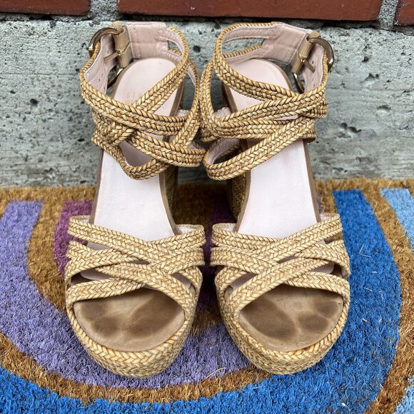 Stuart Weitzman Wedge Sandals Size 6 Tan Brown Espadrilles Braided Ankle Straps - Picture 2 of 9